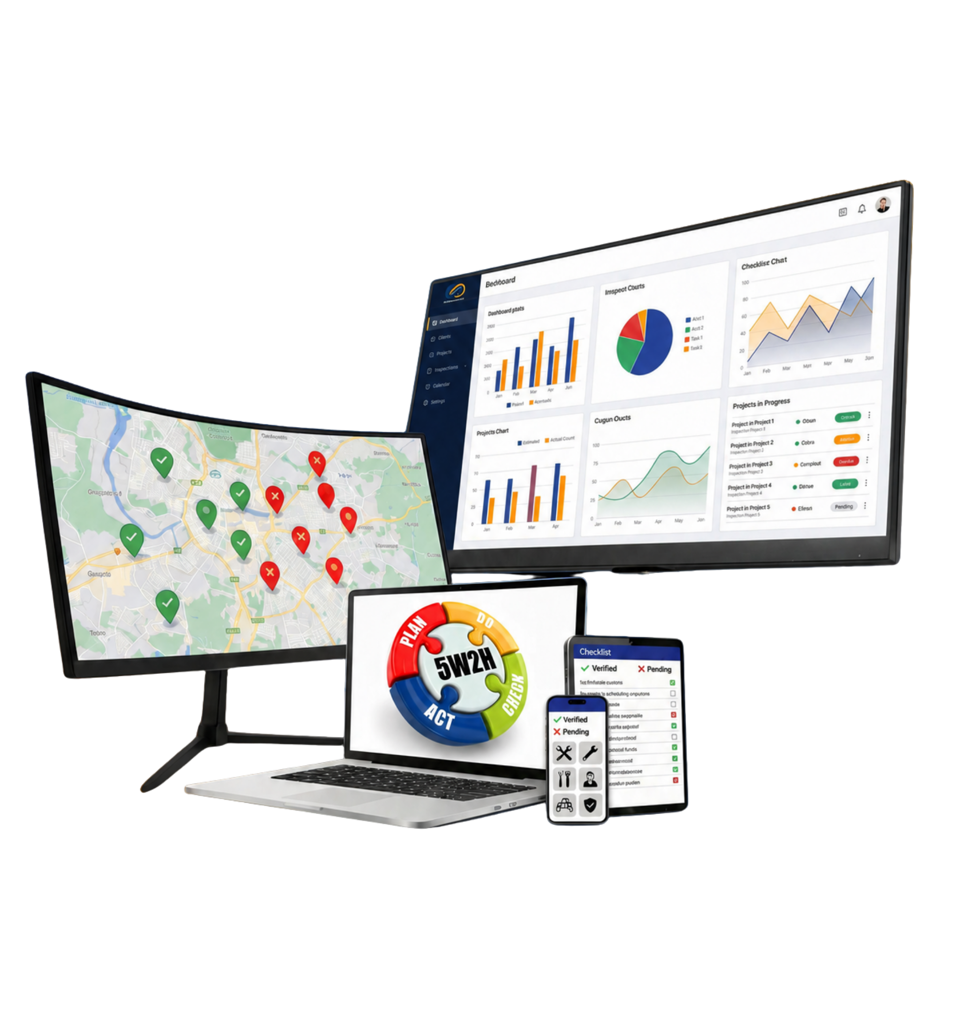Plataforma ENGGEST exibida em múltiplas telas com mapa, dashboard e checklist operacional